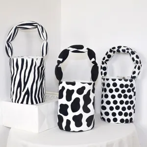 Women's Canvas Bucket Handbag Cute Polka Dot Cow Zebra Print Small Tote Bag