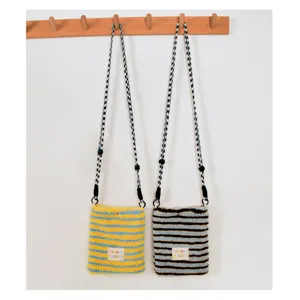 Autumn winter plush crossbody bag detail, cute striped phone bag with strap and hook.