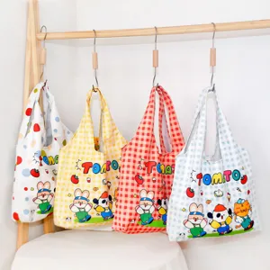 Women Plaid Tote Bag Large Capacity Casual Shoulder Bag Cute Cartoon Print Aesthetic Everyday Shopping Handbag