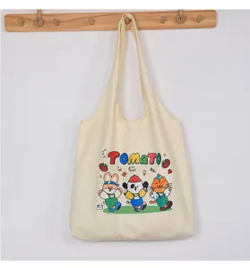 Cute cartoon tomato print canvas tote bag casual shoulder bag large capacity aesthetic bag