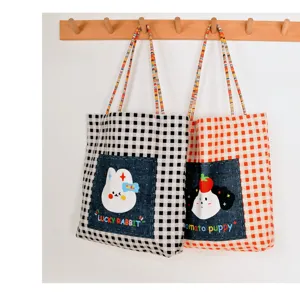 Borsa a tracolla a quadri in tela con tasca in denim, borsa casual di grande capacità per le donne.
