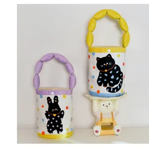 Cute polka dot cat bunny print canvas tote bag, lovely bubble handle children sundries storage bag.