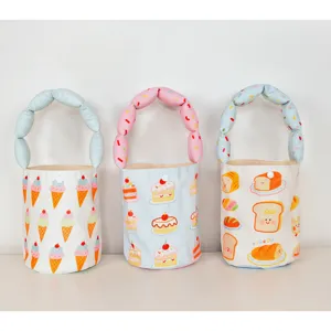 Cute cartoon printed canvas bucket bag with plush bubble handle for kids and daily travel