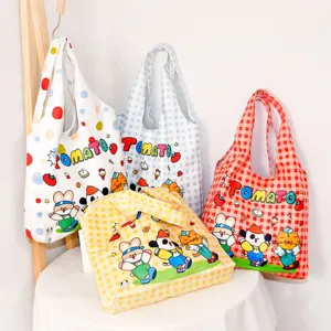Cute cartoon print plaid canvas tote bag casual large capacity shoulder bag women daily use