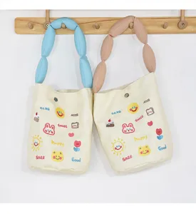 Canvas bucket bag with embroidered letters, cute cartoon patches, puffy handles, metal lock.
