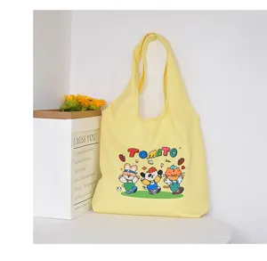 Yellow canvas tote bag with cute tomato print casual shoulder bag large capacity shopping bag