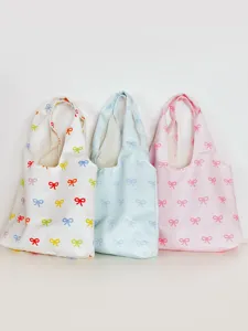 Korean style high capacity canvas shoulder bag casual lightweight cute bow print tote bag for women