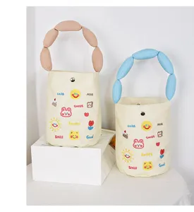 Canvas bucket bag with cute embroidered letters and puffy handle, perfect gift for daily use.