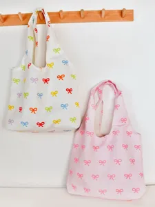 Korean style canvas bow tote bag, large capacity lightweight shoulder bag for daily commute.