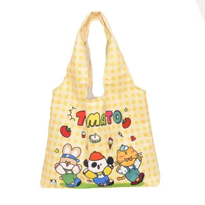 Yellow plaid tote bag for women, cute cartoon print casual shoulder bag large capacity.