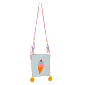 Bonito bolso cruzado de lona para niños con estampado de helado y pompones para uso diario.