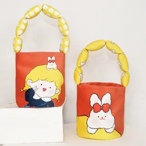Cute cotton padded bucket bag for women, plush fabric handbag with lovely cartoon print daily use