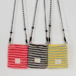 Autumn Winter Women Plush Crossbody Bag Striped Faux Shearling Phone Bag Casual Small Shoulder Bag Daily Purse