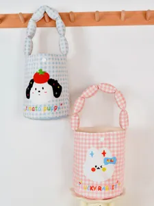 Cute plaid canvas handbag with cartoon animal print, portable daily storage organizer bag.