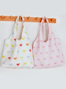 Korean style cute bow print canvas tote bag large capacity casual shoulder bag for women