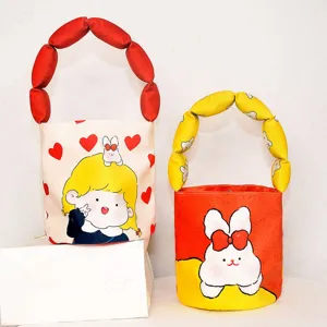 Cute quilted fabric bucket bag for women, soft padded handle handbag, casual daily tote.