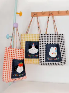 Borsa shopper in tela con stampa di animali carini e design a quadri, borsa a tracolla.