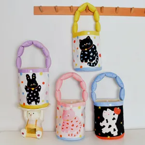 Cute polka dot cat print canvas handbag, versatile children's sundries tote bag for daily use.