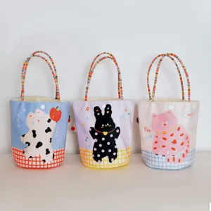 Cute cartoon cat and rabbit print canvas tote bag, multi-color polka dot handbag for daily use.