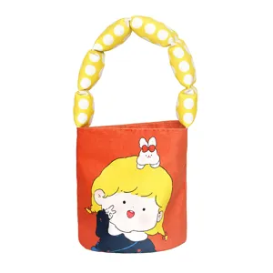 Cute puffy handle bucket bag with charming cartoon print, ideal for casual daily use.