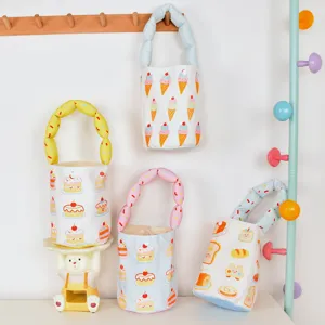 Cute Cartoon Print Canvas Velvet Bucket Bag Children Casual Tote Bag Portable Handbag Small Outdoor Travel Purse