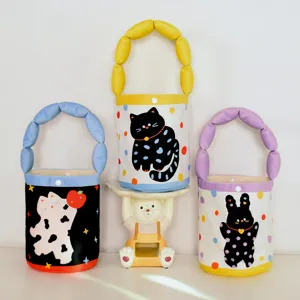 Cute polka dot cat print canvas handbag with bubble handles, versatile kids daily tote bag.