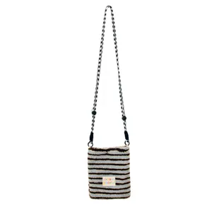 Women winter plush crossbody bag blue brown stripe phone bag casual cute chic shoulder purse