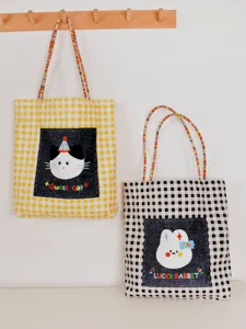 Borsa tote a quadri in tela da donna, grande borsa a spalla con stampa di animali carini.