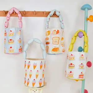 Cute canvas bucket bag with puffy handle cartoon print handbag for kids daily travel casual