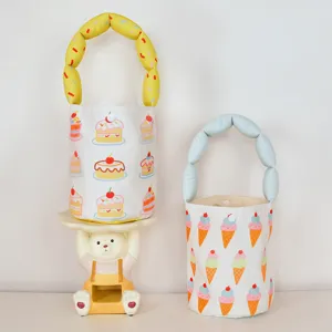 Cute cartoon print canvas bucket bag with puffy handle, versatile children travel handbag main view