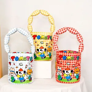 Mignon Sac Seau à Motif Animal de Cartoon Carreaux Sac à Main pour Enfants Fille Décontracté Quotidien Poignée Gonflée Cabas