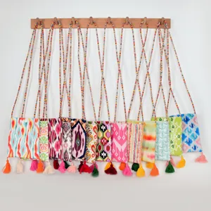 Ethnic style colorful mobile phone crossbody bag with tassels and long strap for daily use