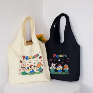 Cute cartoon tomato print canvas tote bag, casual vest style large capacity shoulder bag for women.