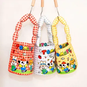 Joli sac seau en toile à motif à carreaux et imprimés animaliers mignons, sac à main pour enfants.