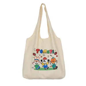 Cute cartoon tomato canvas tote bag, large capacity casual shoulder bag for women and students.