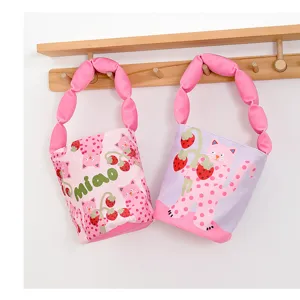 Cute cartoon cat strawberry print bucket bag with soft padded shoulder strap for women