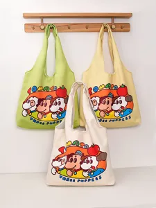 Women Large Capacity Canvas Tote Bag Cartoon Print Shoulder Bag Daily Commuting Shopping Handbag