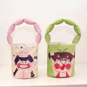 Canvas bucket bag with quirky cartoon print and puffy handle, cute casual handbag for women.