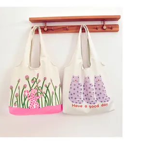 Cute polka dot cat print canvas tote bag, large capacity shoulder bag for summer.