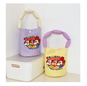 Cartoon stuffed strap canvas bucket bag, cute puppy print handbag, large capacity casual daily bag.