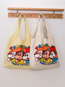 Canvas tote bag for women, large capacity shoulder bag, cute cartoon print daily casual bag.