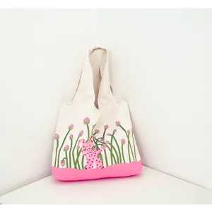 Cute pink dot cat print canvas tote bag large capacity casual shoulder bag for women