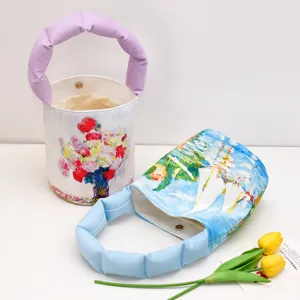 Vintage oil painting canvas bucket bag with padded handle, cute small handbag for women.