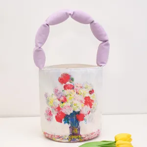 Retro oil painting bucket bag with purple padded handle, stylish canvas handbag for women.