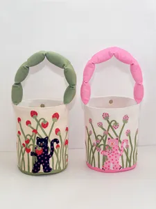Women Canvas Bucket Bag Cute Polka Dot Cat Strawberry Print Handbag Casual Commuter Padded Handle Shoulder Bag
