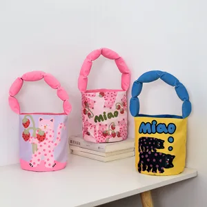 Cute Cartoon Cat Strawberry Print Bucket Bag Women Canvas Handbag Soft Padded Bubble Strap Casual Daily Tote Bag