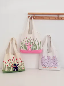 Women Canvas Tote Bag Large Capacity Casual Shoulder Bag Cute Cat And Strawberry Print Handbag Shopping Bag