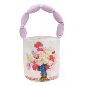 Retro oil painting bucket bag with unique purple padded handle. Chic canvas handbag for women.