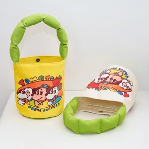 Cute cartoon cotton-filled handle bucket bag canvas shoulder handbag for kids and women.