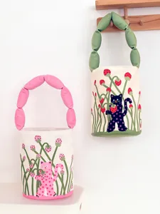 Cute polka dot cat bucket bag with cotton-filled strap, stylish women commuter handbag.